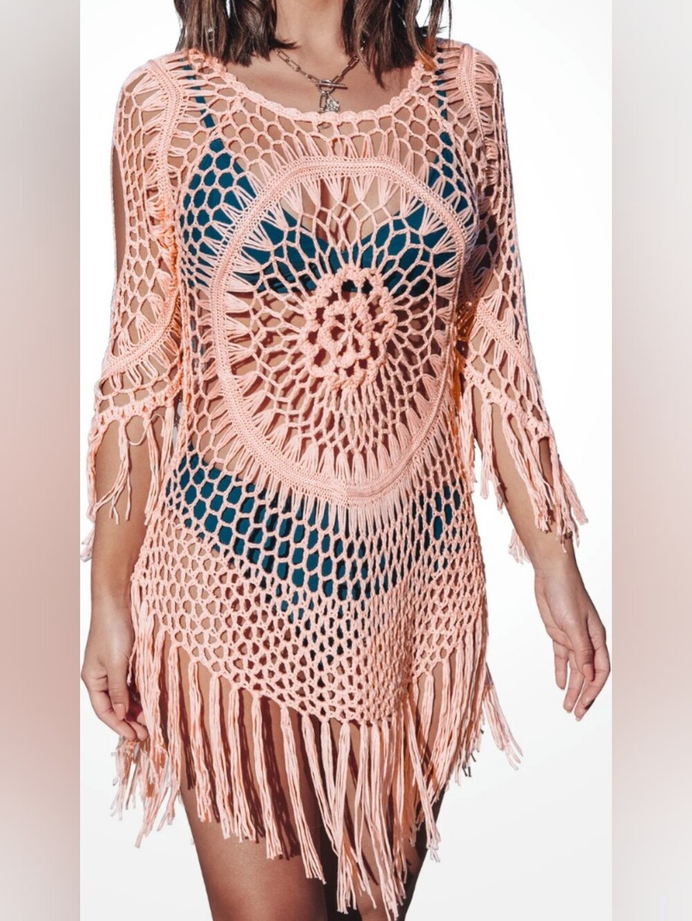 Cupshe Peach Boho Crochet Cover Up With Fringe Trim